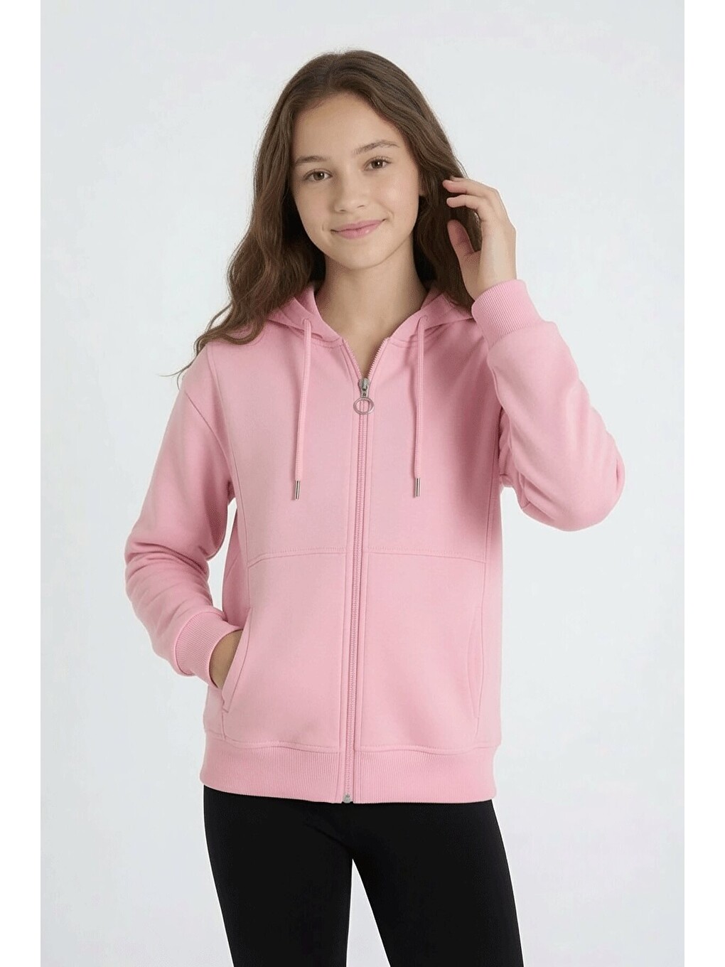 Pembe Kız Çocuk Fermuarlı Kapüşonlu Basic Hırka Şardonlu 24671-1