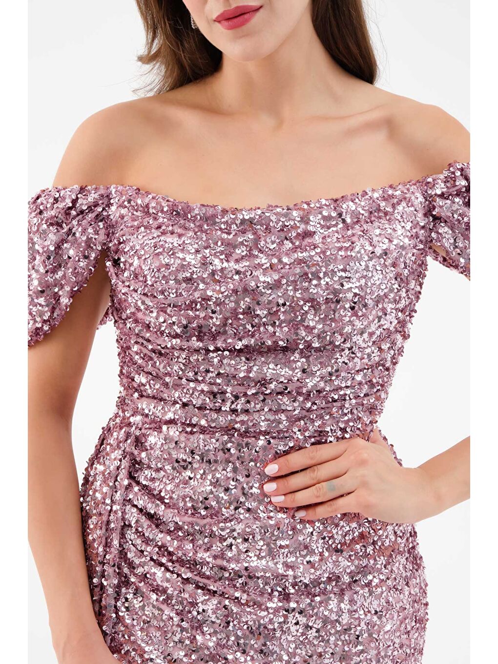 Pembe Kadın Pudra Pul Payet İşlemeli Uzun Abiye Elbise-2