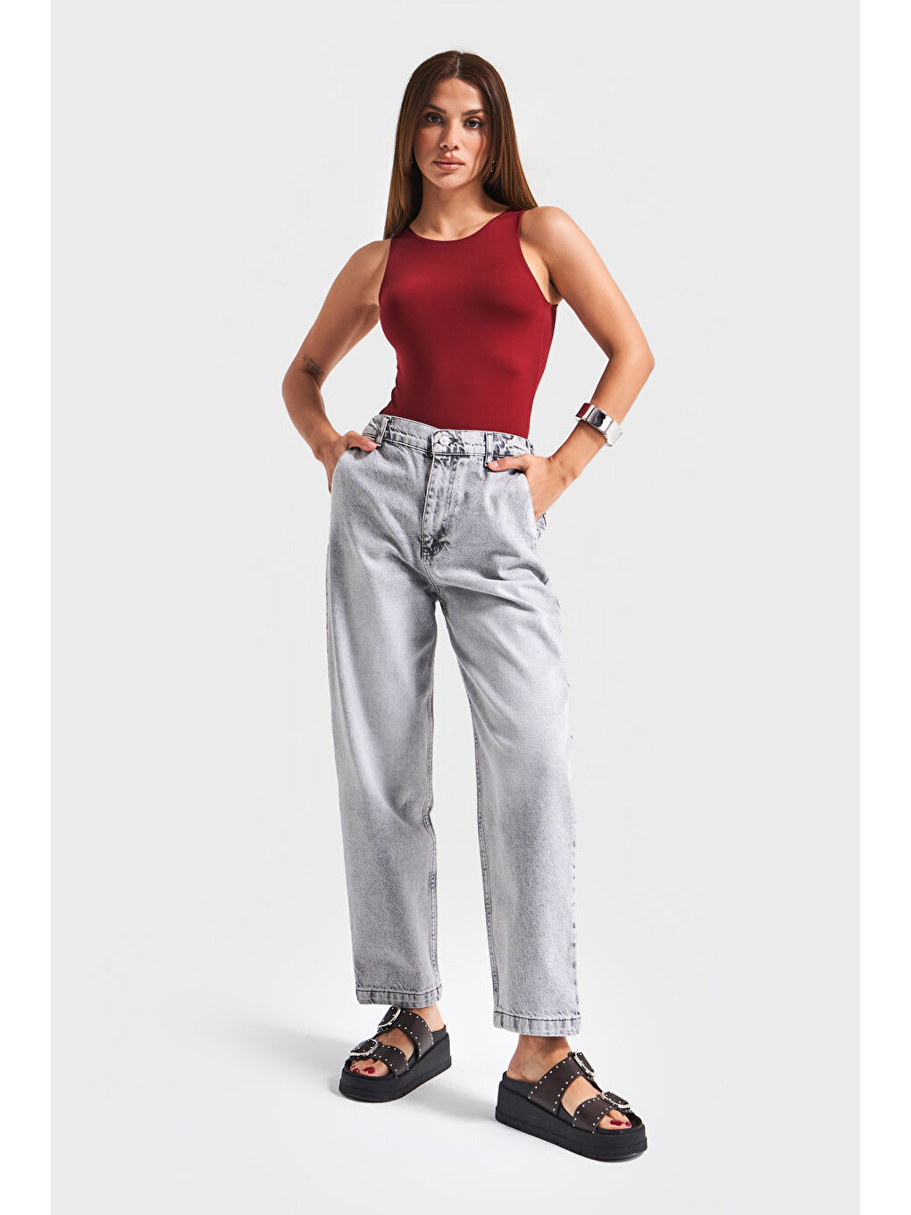 Kadın Gri Renk 4s5-12 Carrot Fit %100 Pamuk Beli Lastikli Rahat Kalıp Denim Jean-2