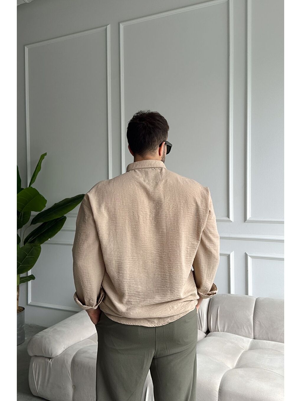 Bej Napas Erkek Oversize Keten Görünümlü Gömlek-4