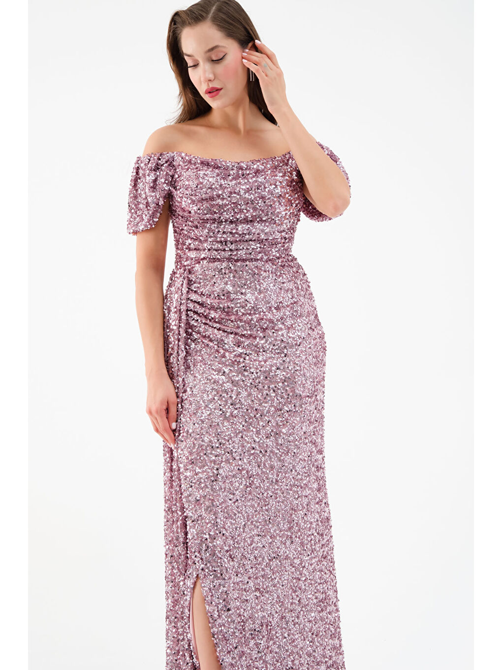 Pembe Kadın Pudra Pul Payet İşlemeli Uzun Abiye Elbise-3