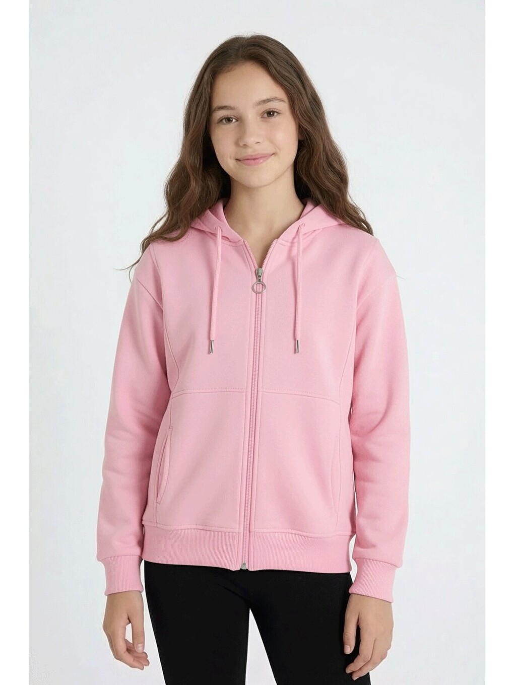 Pembe Kız Çocuk Fermuarlı Kapüşonlu Basic Hırka Şardonlu 24671-2