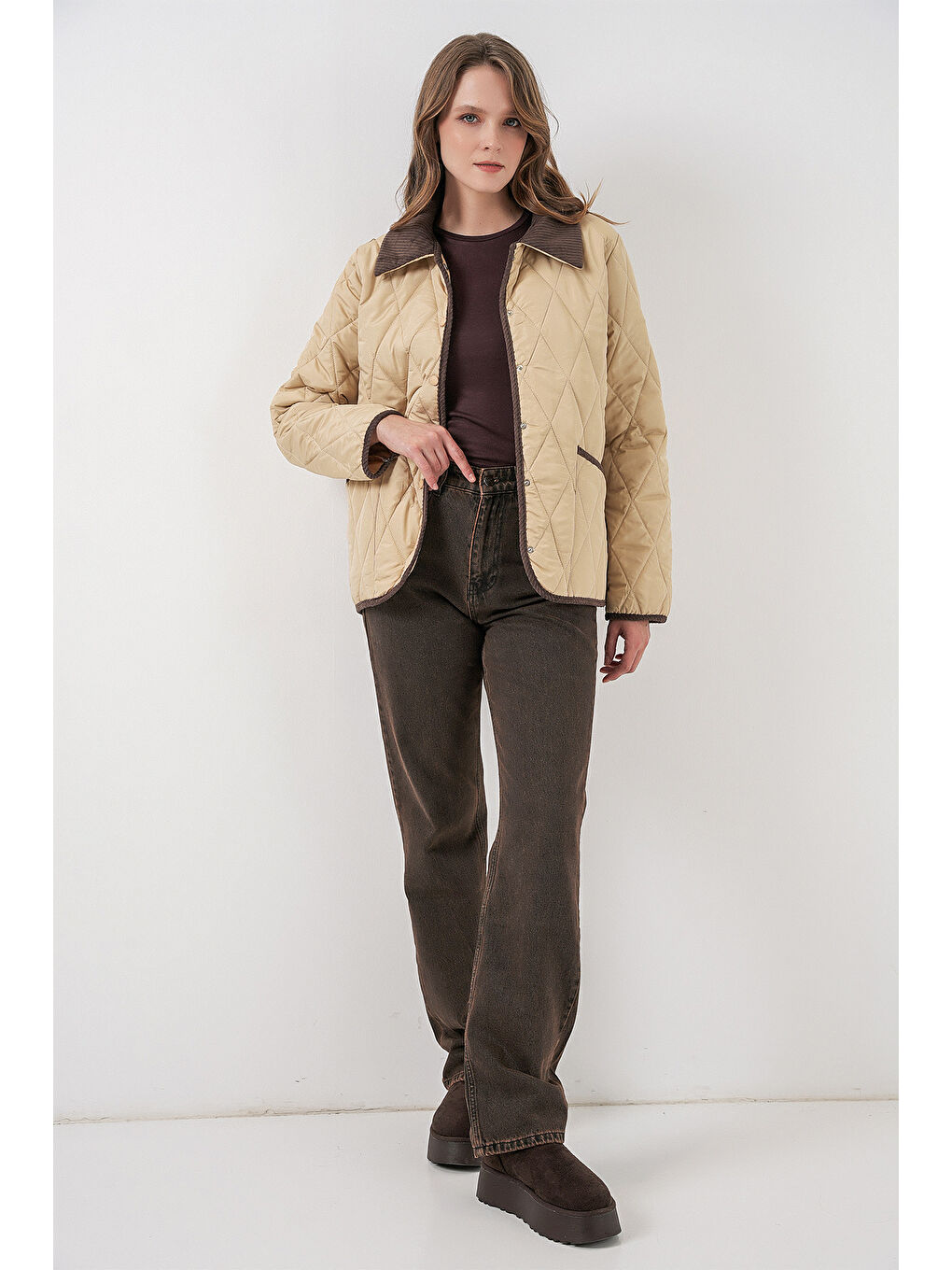 Kadın Kapitone Oversize Mont 5226 - Bej-1