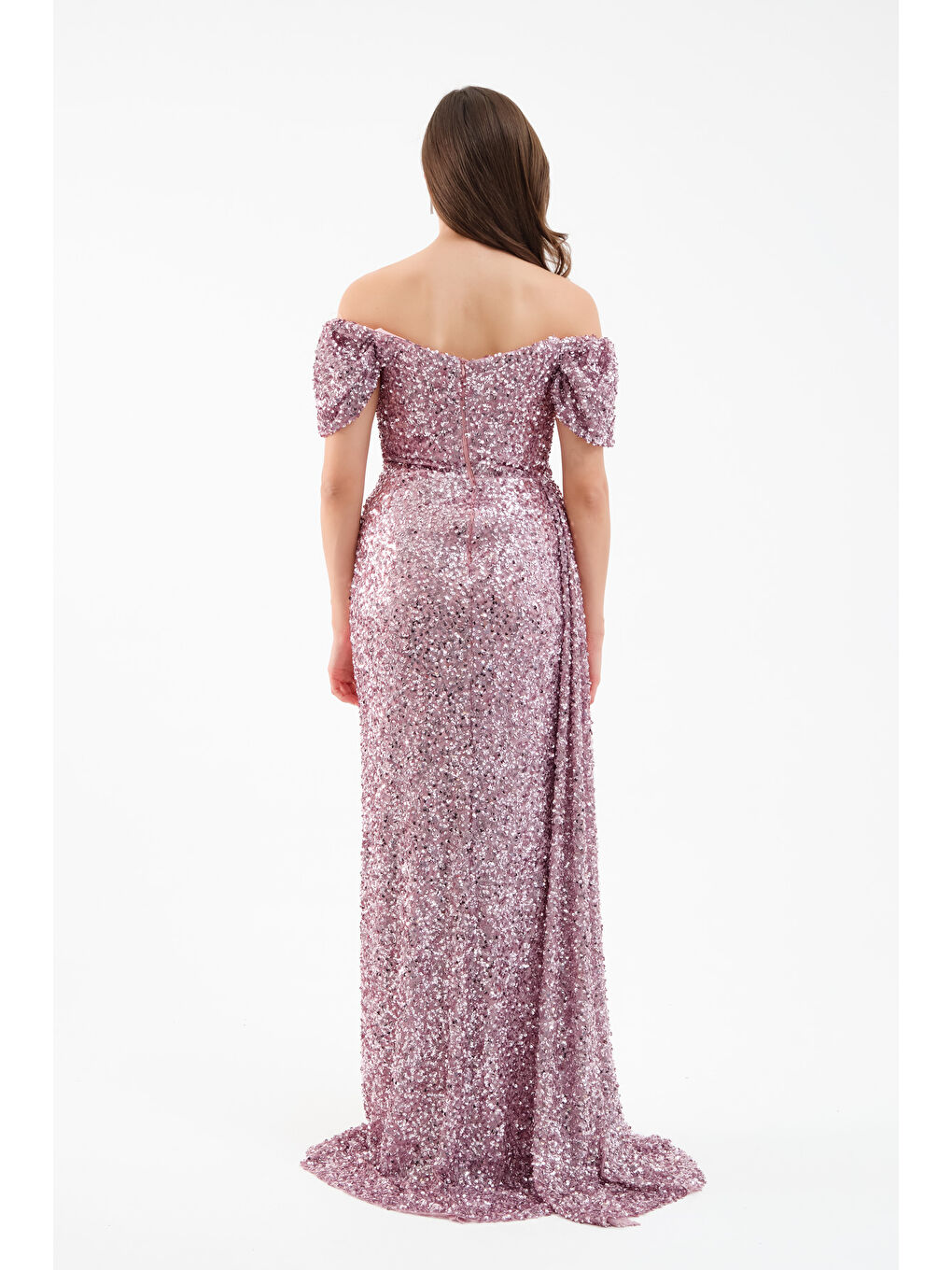 Pembe Kadın Pudra Pul Payet İşlemeli Uzun Abiye Elbise-4