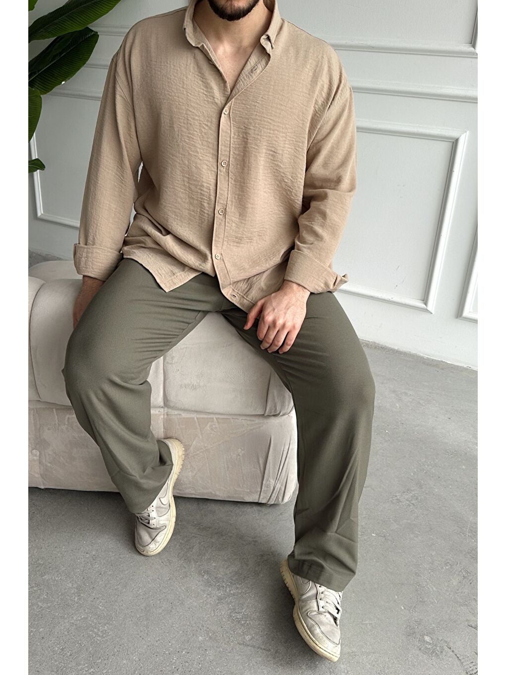Bej Napas Erkek Oversize Keten Görünümlü Gömlek-5