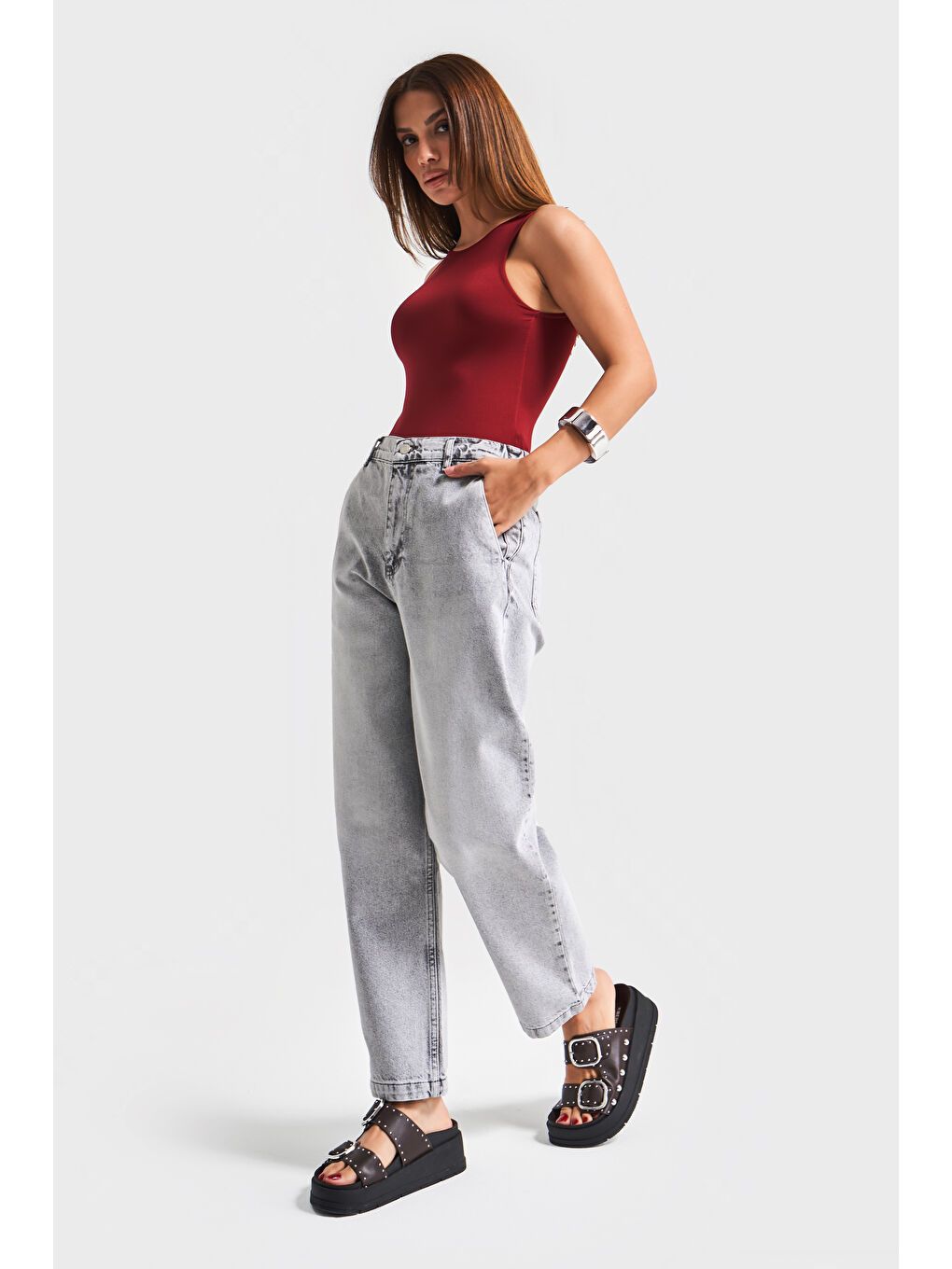 Kadın Gri Renk 4s5-12 Carrot Fit %100 Pamuk Beli Lastikli Rahat Kalıp Denim Jean-4