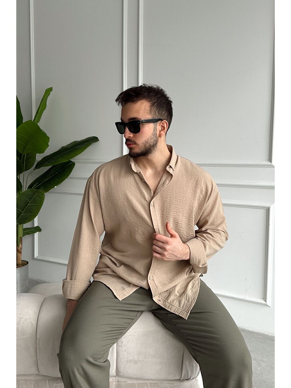 Bej Napas Erkek Oversize Keten Görünümlü Gömlek-6