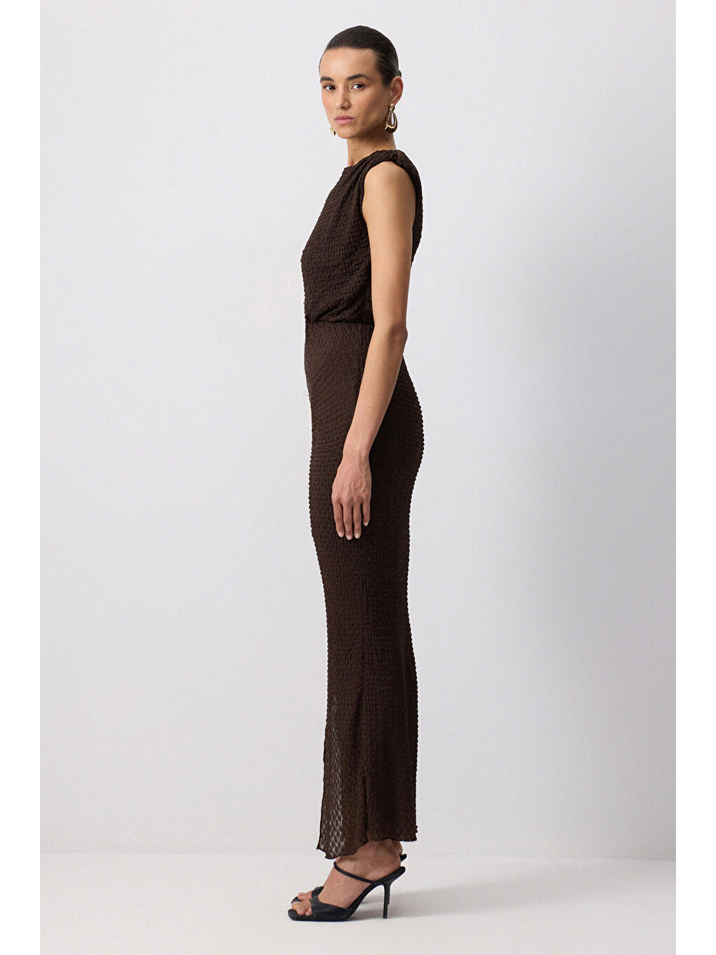 Kahverengi Büzgü Detaylı Elbise-2