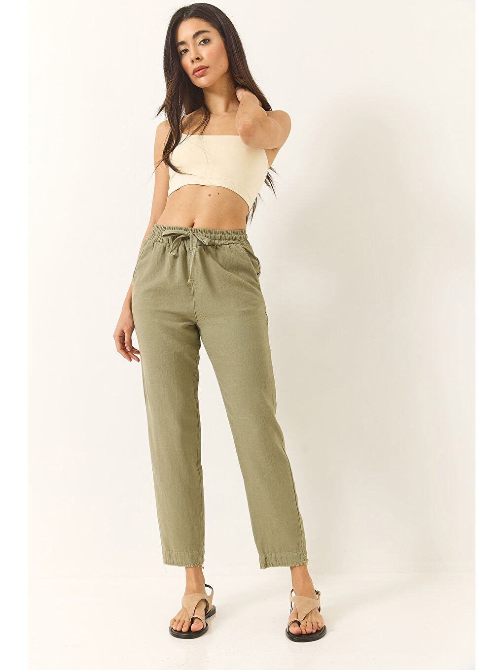 Haki Kadın Beli Bağlamalı Paça Detaylı Cepli Keten Havuç Pantolon YP-3