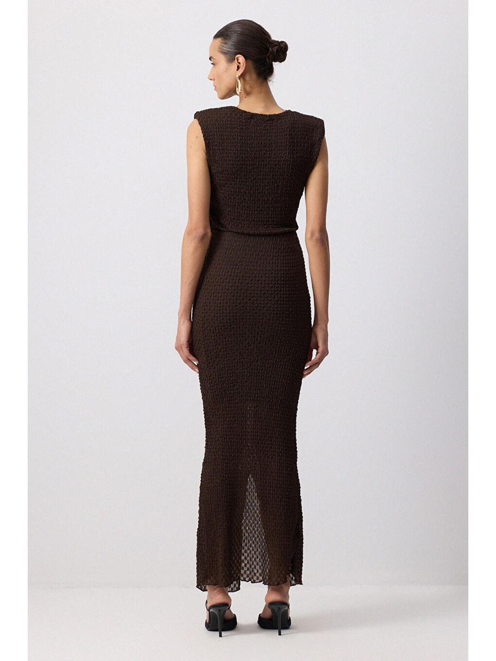 Kahverengi Büzgü Detaylı Elbise-3