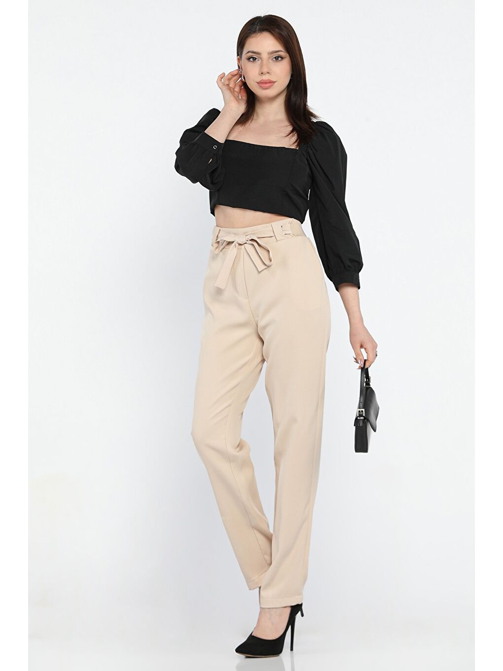 Bej Bel Bağlamalı Lastikli Kadın Boru Paça Büyük Beden Pantolon
