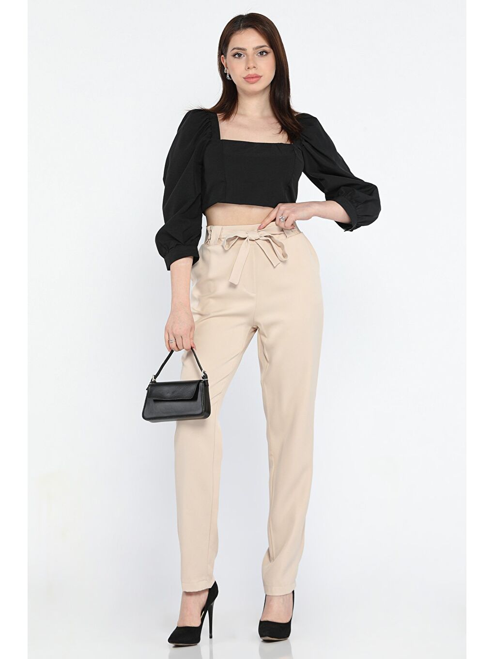 Bej Bel Bağlamalı Lastikli Kadın Boru Paça Büyük Beden Pantolon-1