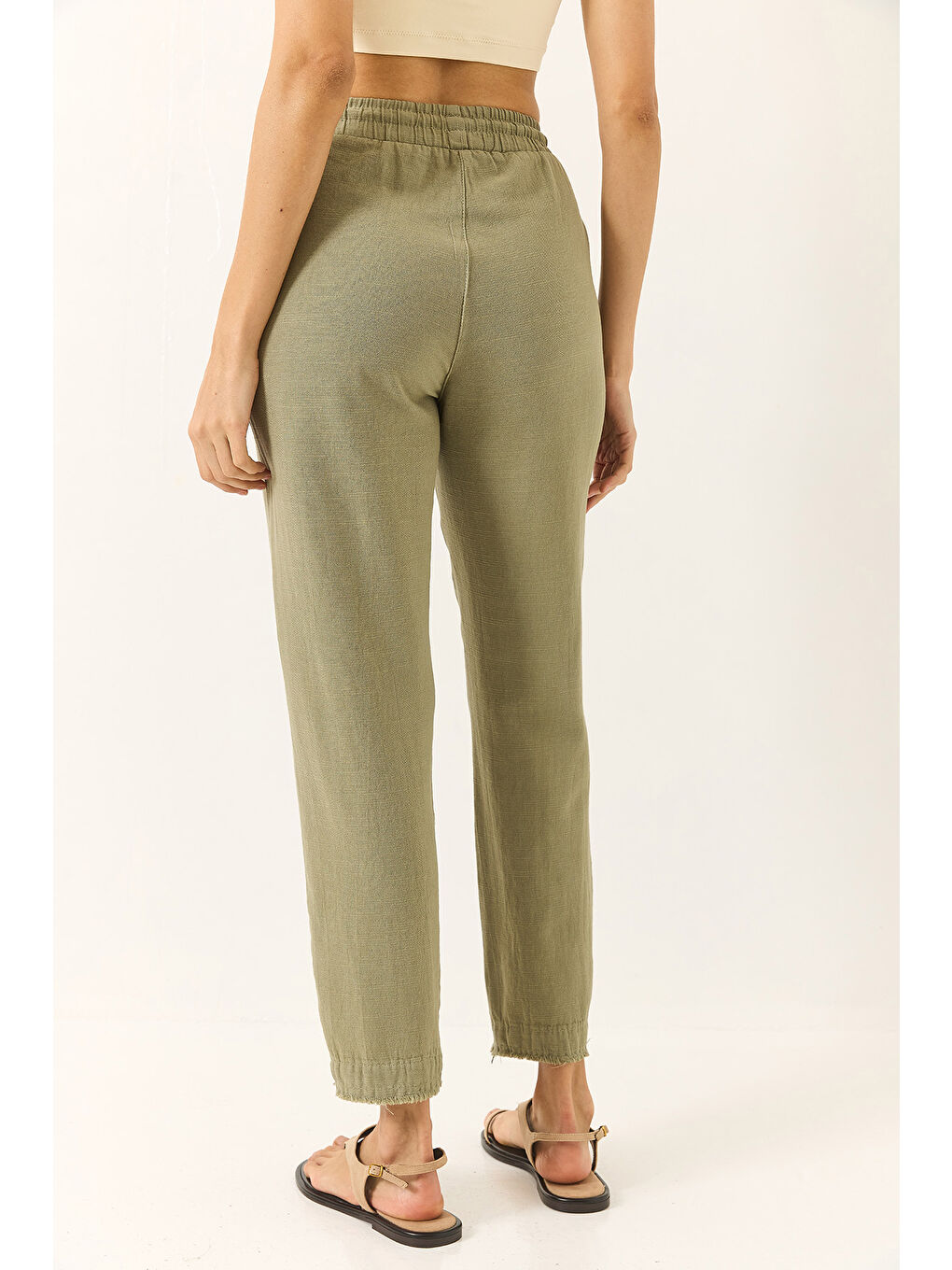 Haki Kadın Beli Bağlamalı Paça Detaylı Cepli Keten Havuç Pantolon YP-6