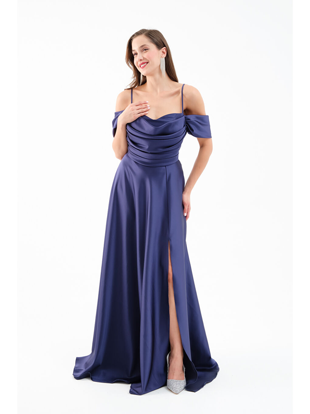 Kadın Lacivert Düşük Kol Saten Abiye Elbise-1