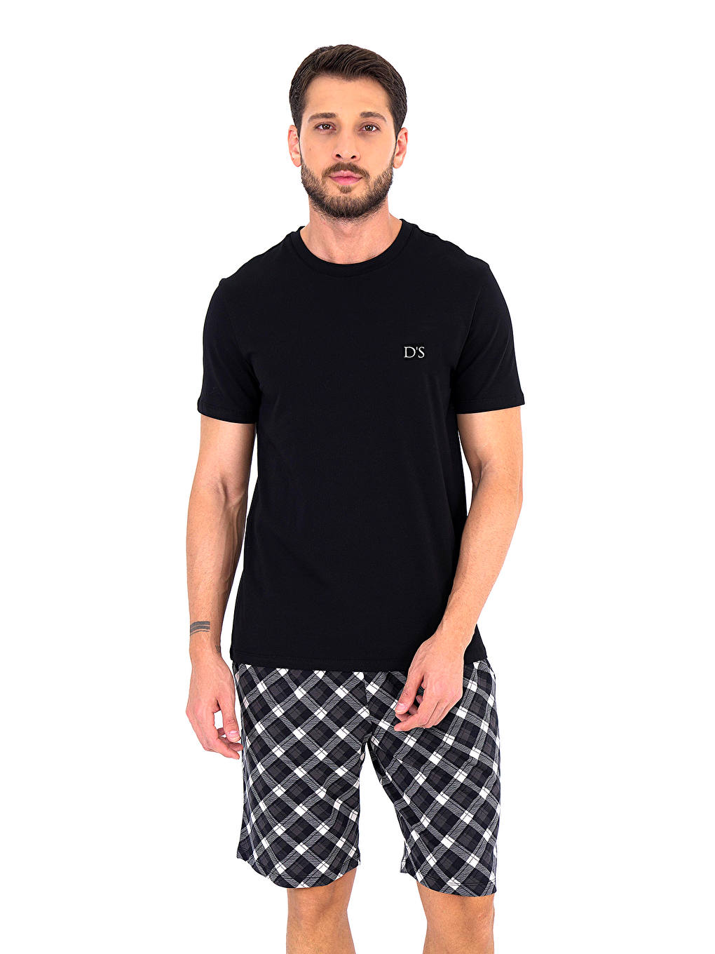 Siyah Ekose Desen Şort Takım SİYAH