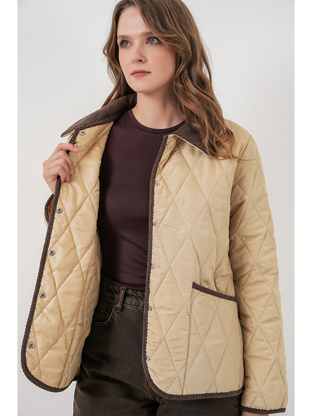 Kadın Kapitone Oversize Mont 5226 - Bej-3