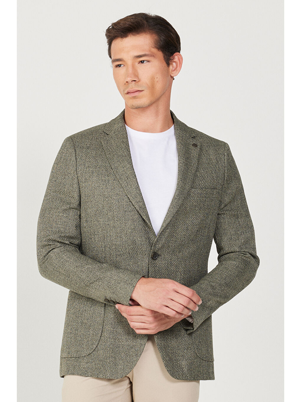 Erkek Haki Slim Fit Dar Kesim Mono Yaka Desenli Ceket