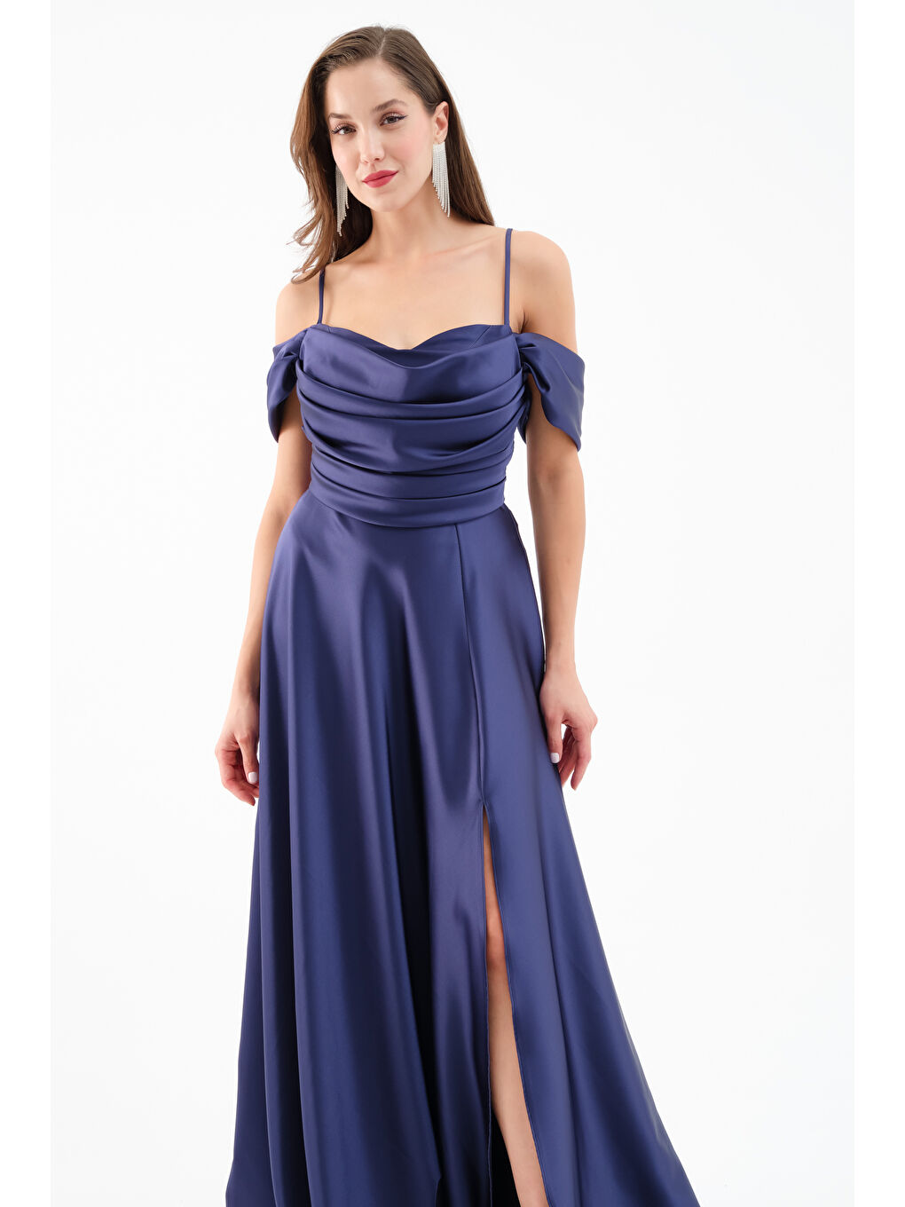 Kadın Lacivert Düşük Kol Saten Abiye Elbise-2