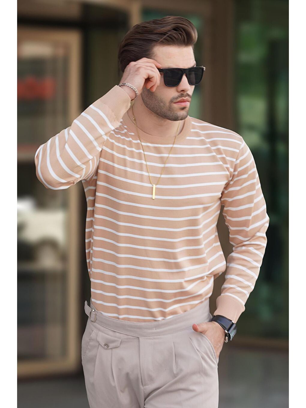 Kahverengi Camel Bisiklet Yaka Çizgili Kazak 7241-1