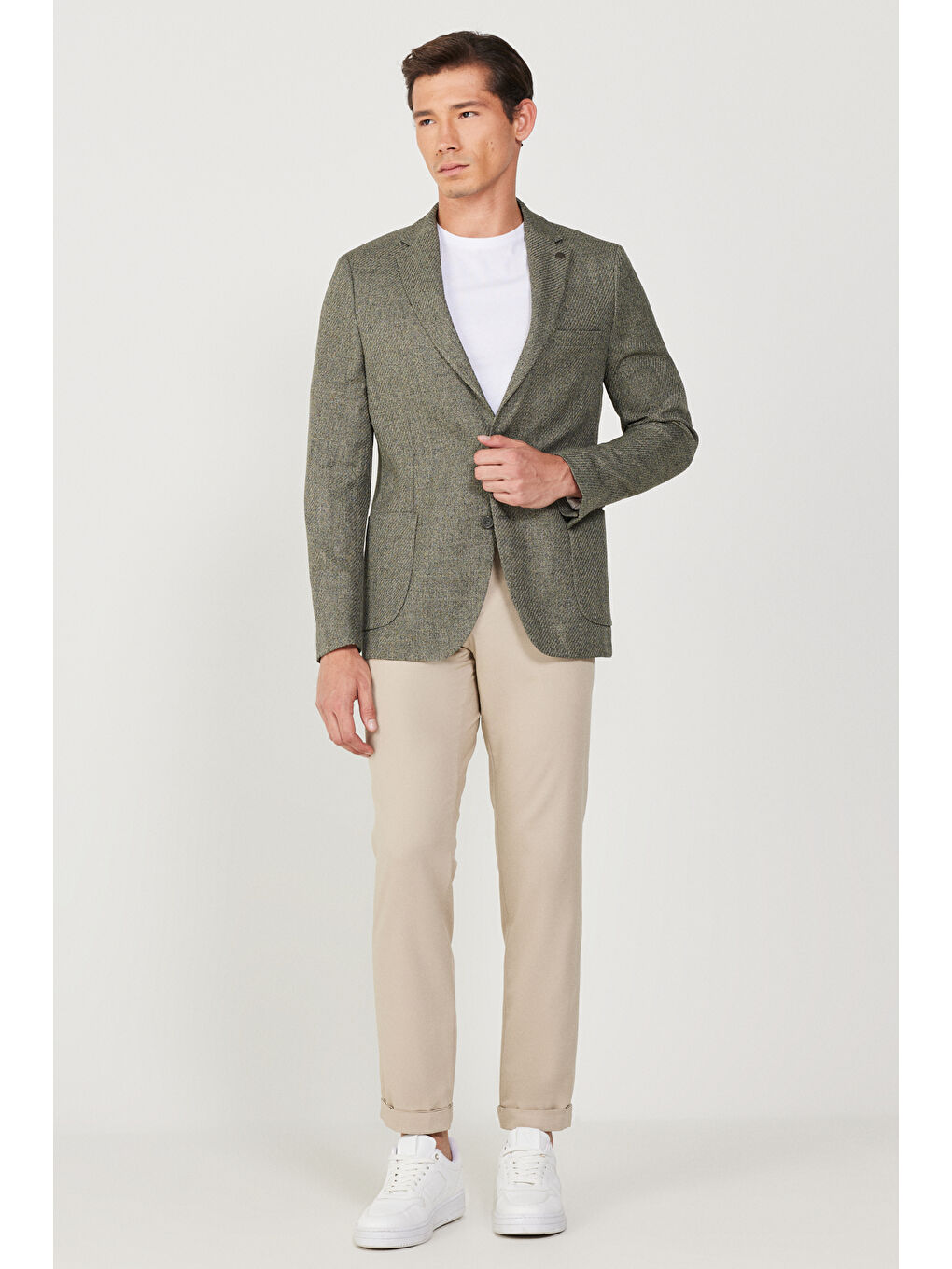 Erkek Haki Slim Fit Dar Kesim Mono Yaka Desenli Ceket-1