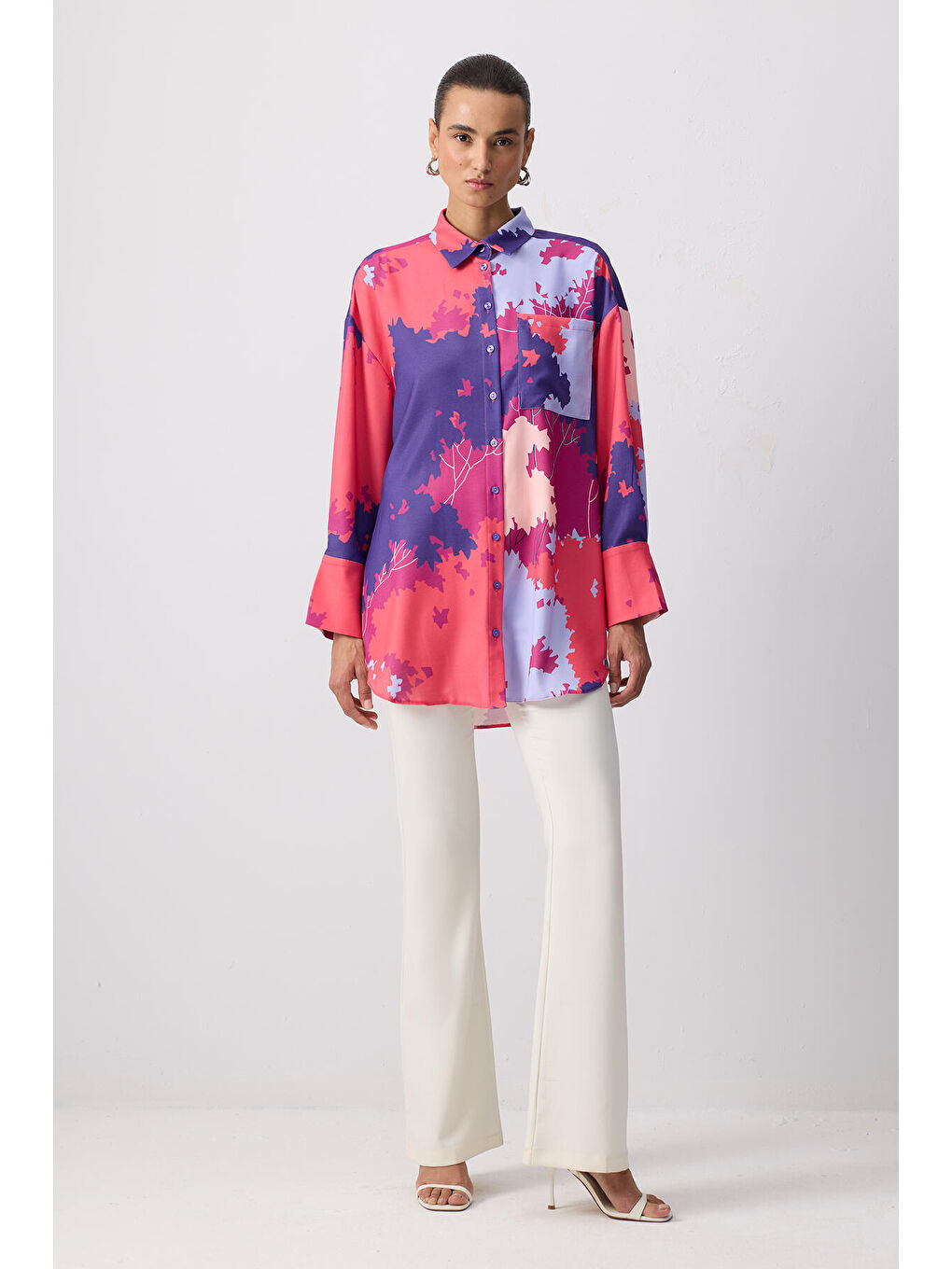 Mor Relax Fıt Desenli Gömlek