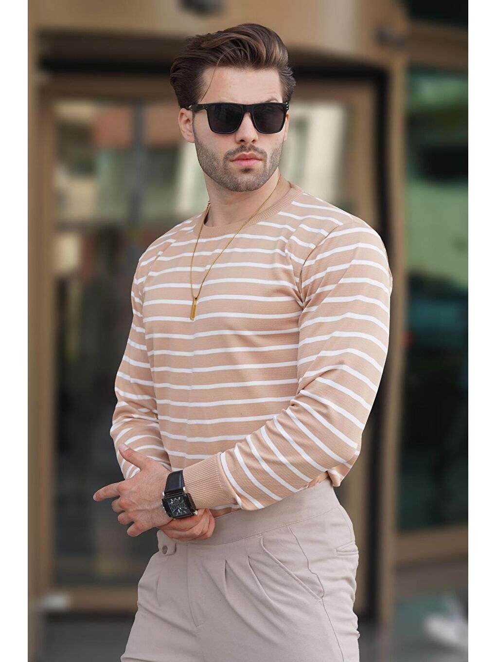 Kahverengi Camel Bisiklet Yaka Çizgili Kazak 7241-2