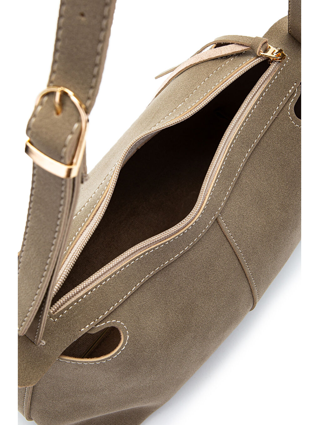 Bej Kemer Askı Detaylı Baget Form Süet Talia Kadın Kol Çanta Vizon-3