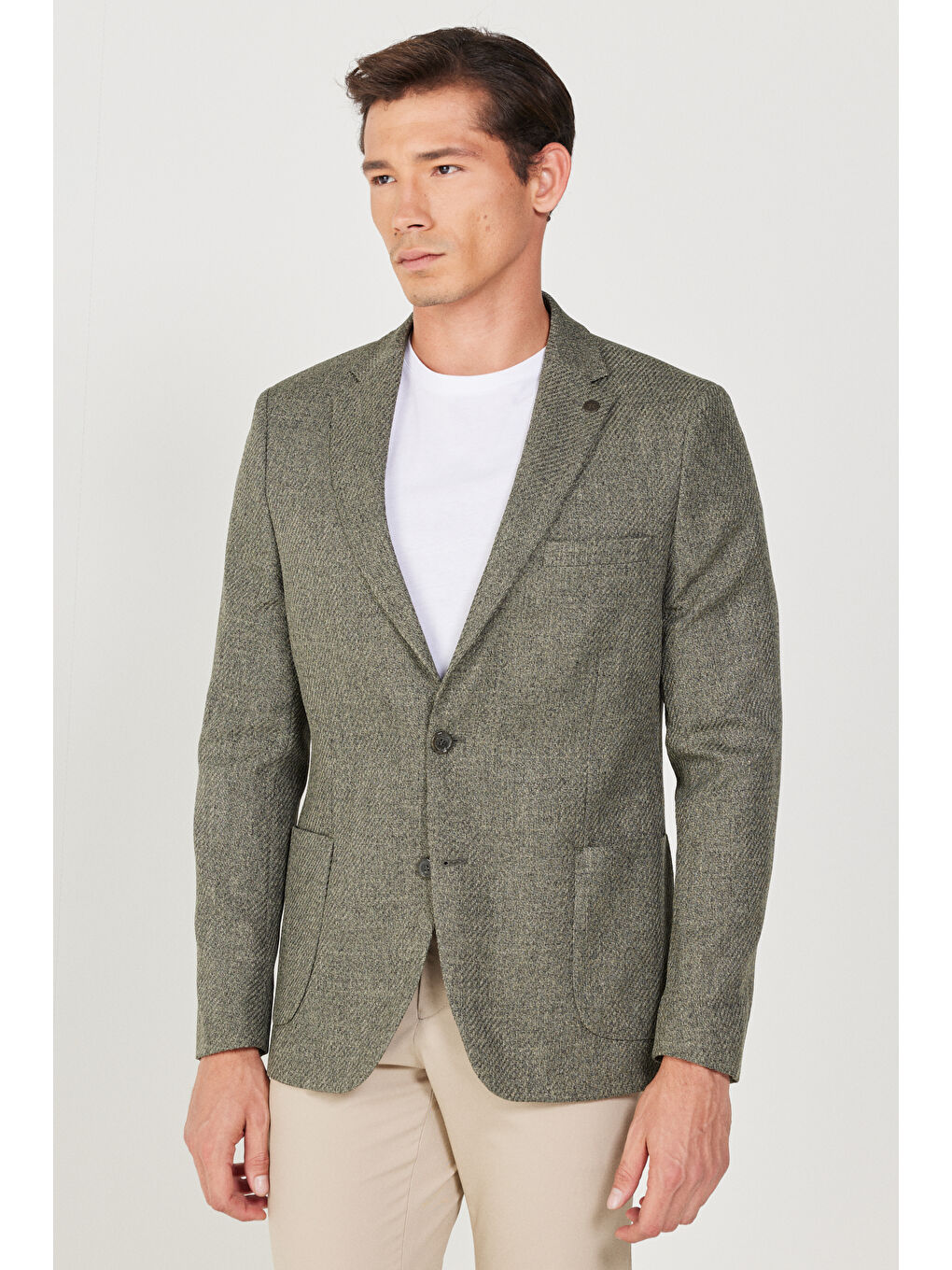 Erkek Haki Slim Fit Dar Kesim Mono Yaka Desenli Ceket-2