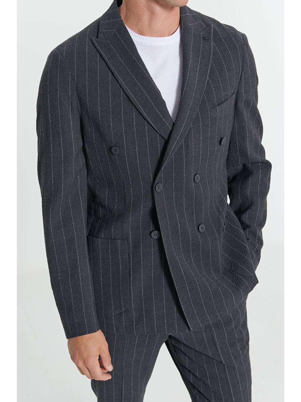 Erkek Antrasit Slim Fit Kırlangıç Yaka Gofre Desenli Yünlü Takım Elbise-6