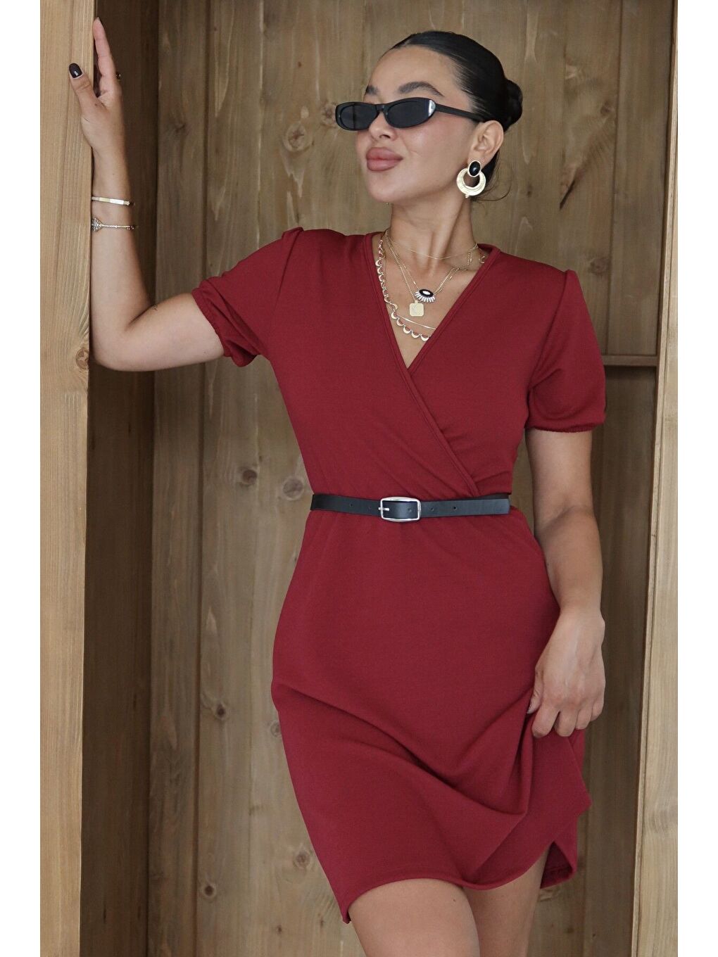 Kadın Bordo Kısa Kollu Kruvaze Yaka Mini Elbise