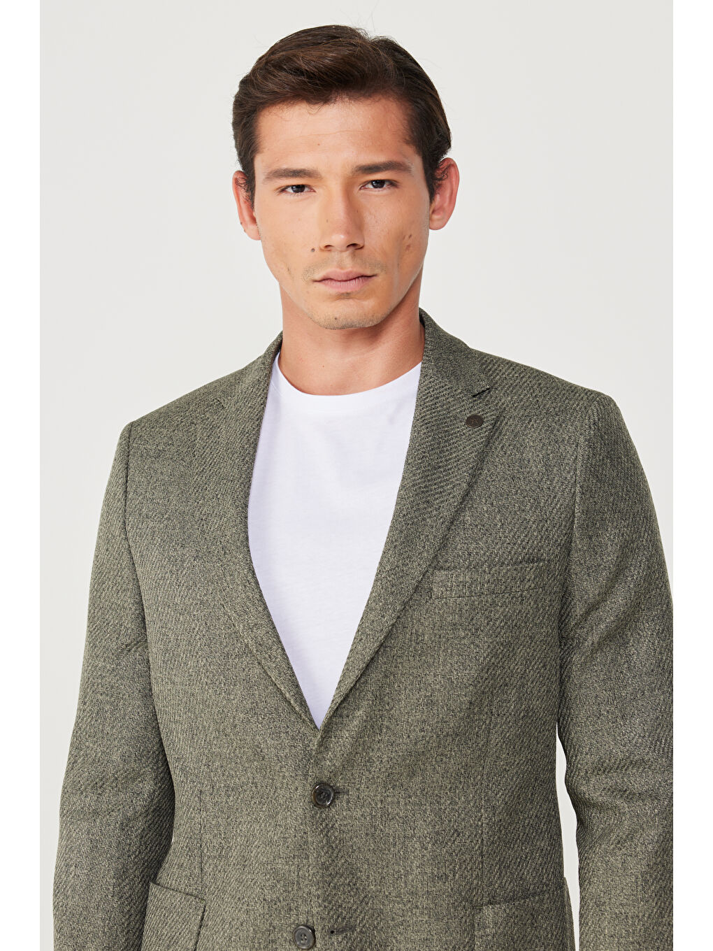 Erkek Haki Slim Fit Dar Kesim Mono Yaka Desenli Ceket-3