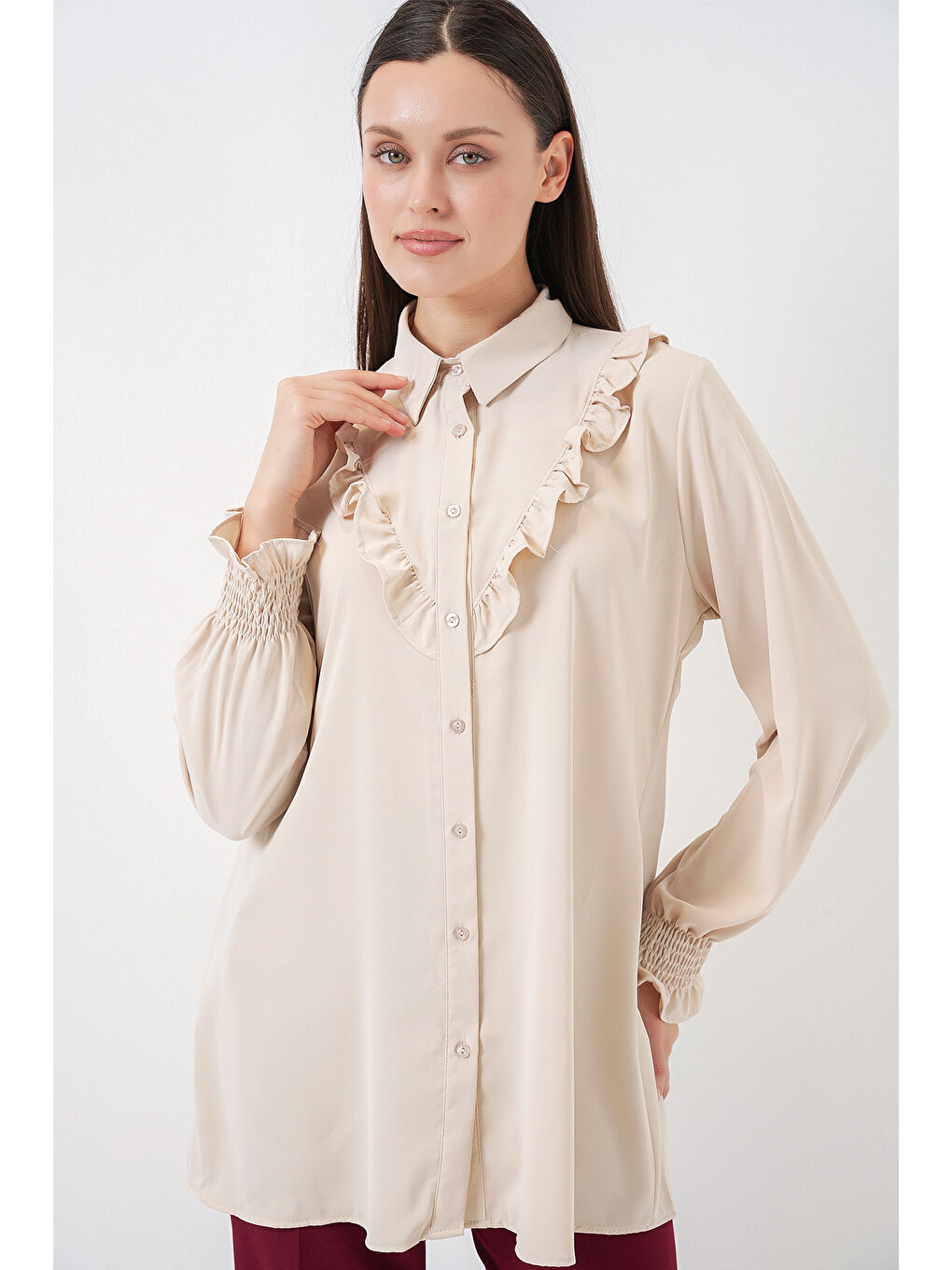 Ekru Kadın Fırfırlı Uzun Gömlek Tunik 5986 - Krem