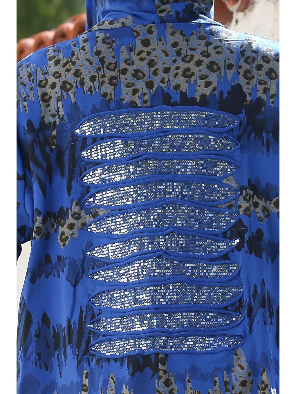 İtalyan Mavi Kapüşonlu Düğmeli Uzun Kollu Leopar Desenli Cepli İnce Casual Dokuma Ceket 88 72-2