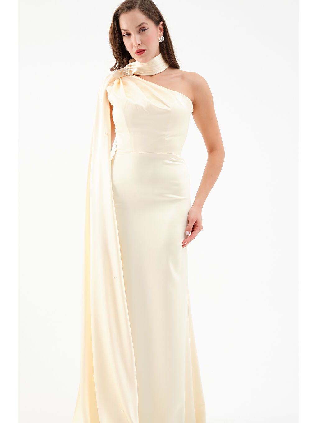 Kadın Sarı Şal Yaka İnci Söz Nişan Nikah Abiye Elbise-1