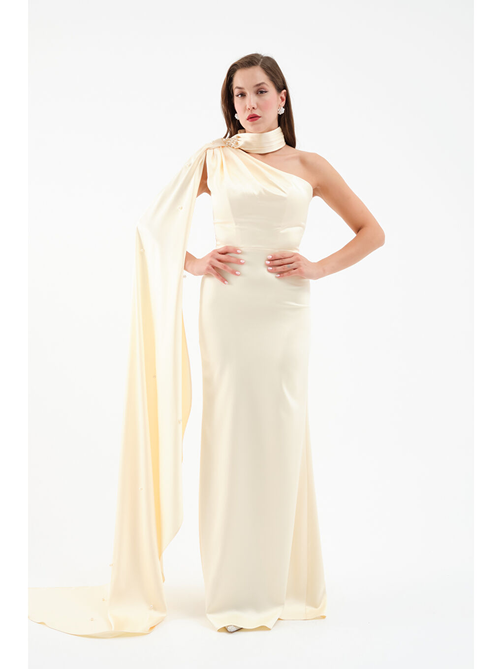 Kadın Sarı Şal Yaka İnci Söz Nişan Nikah Abiye Elbise-3