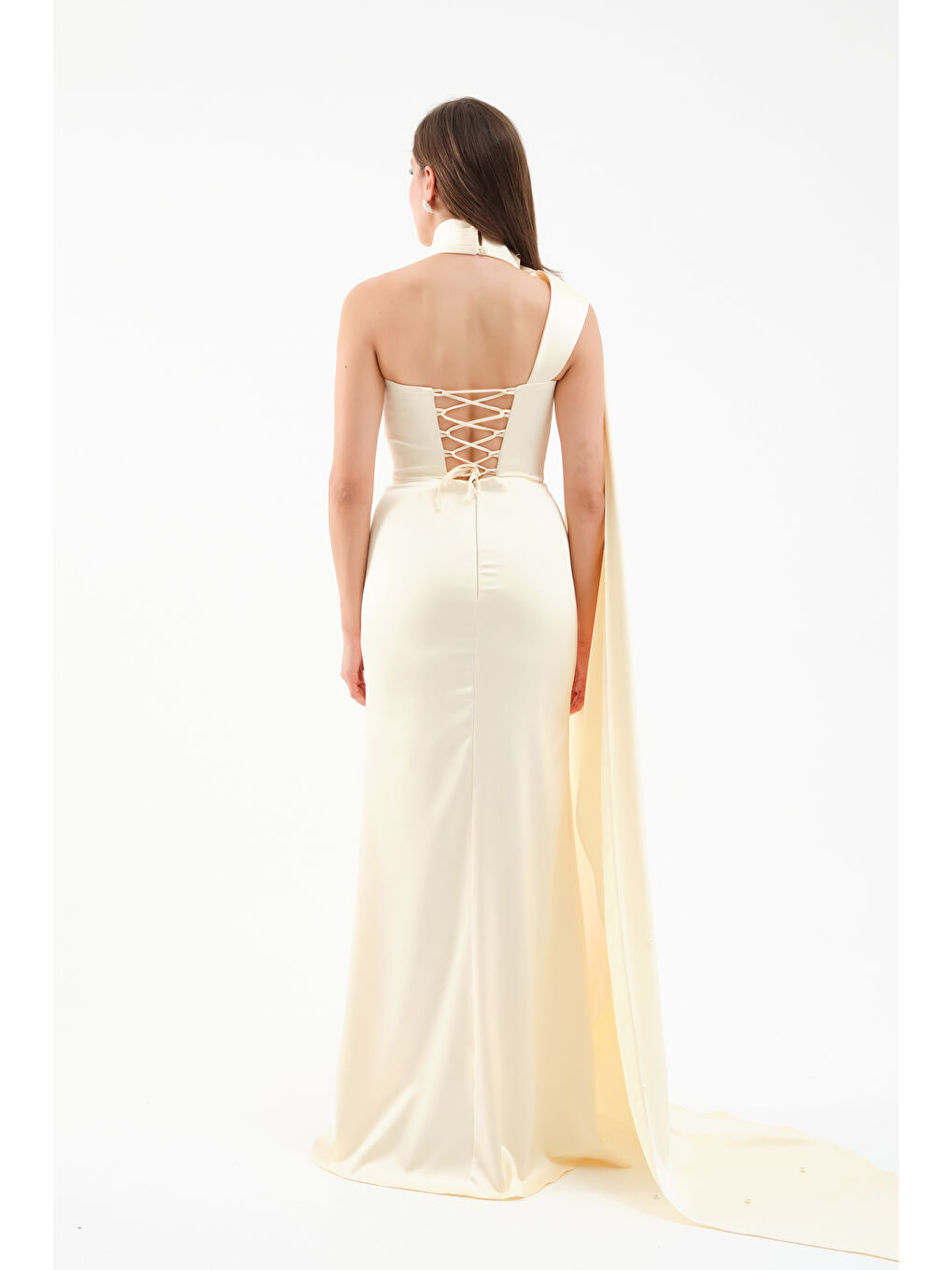 Kadın Sarı Şal Yaka İnci Söz Nişan Nikah Abiye Elbise-4