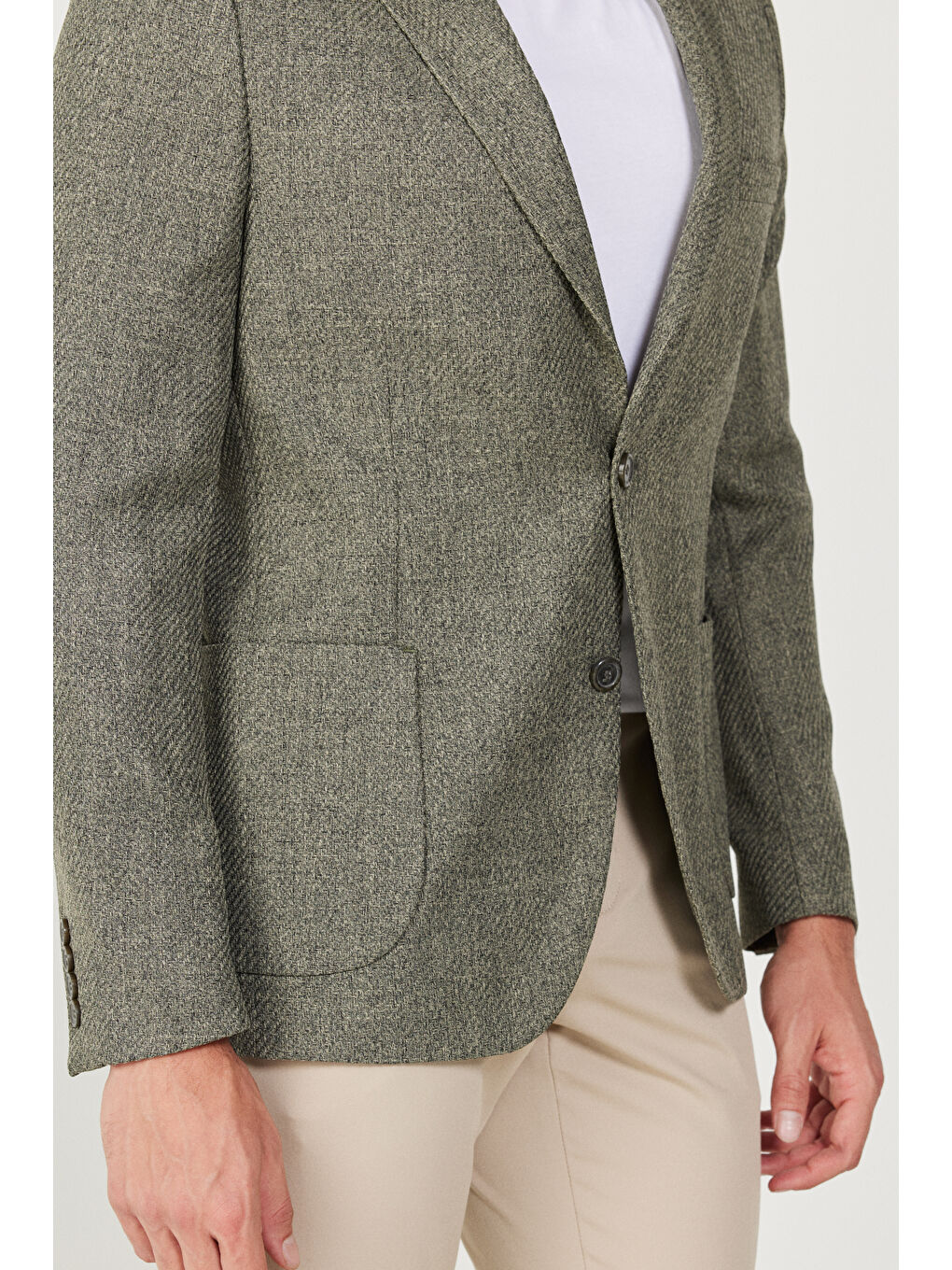 Erkek Haki Slim Fit Dar Kesim Mono Yaka Desenli Ceket-4