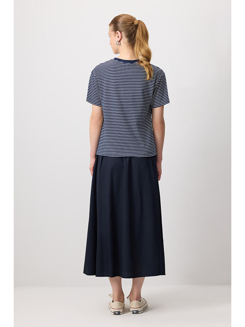 Lacivert %100 Pamuklu Çizgili Kısa Kollu T-Shırt-3