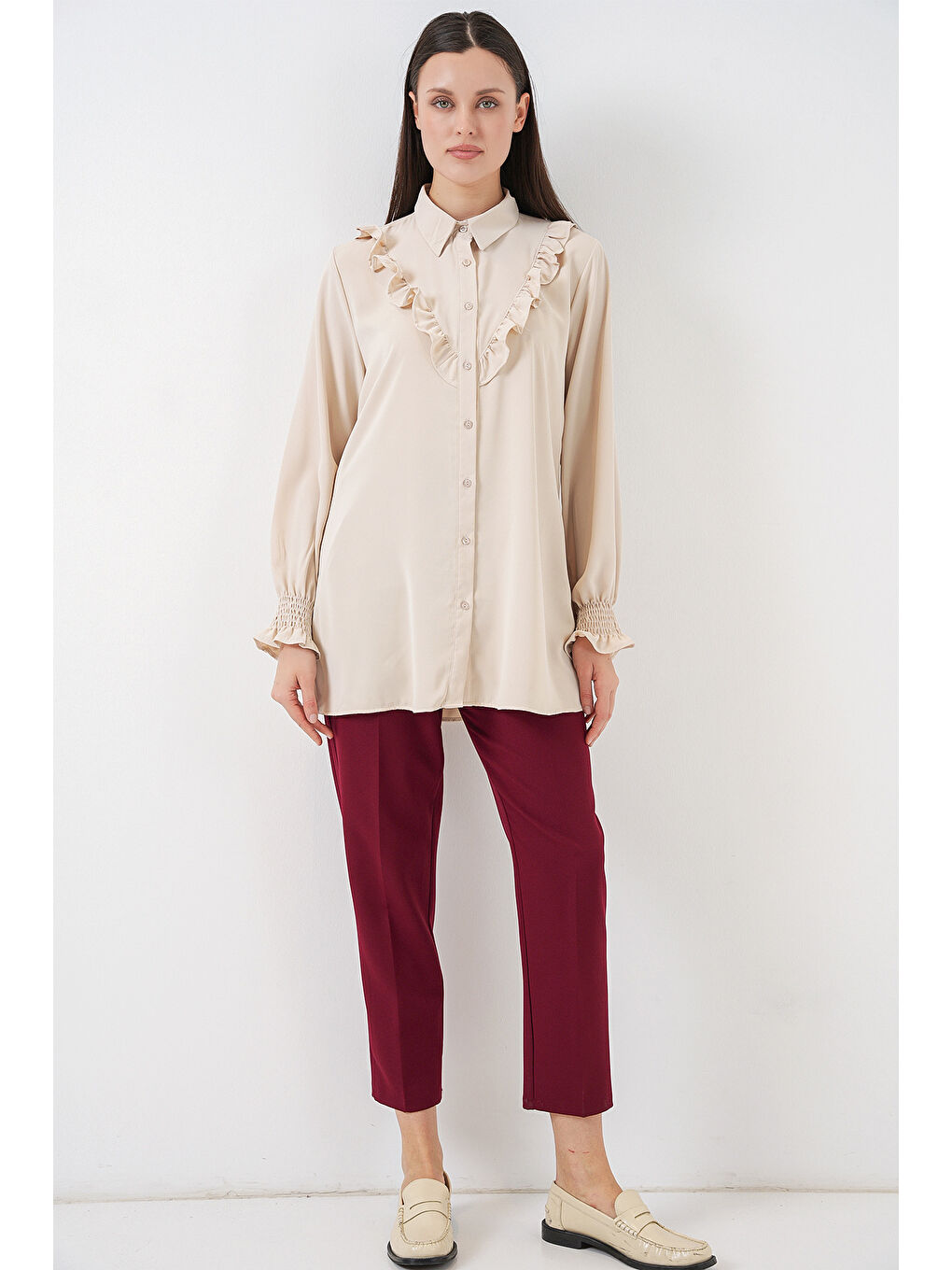 Ekru Kadın Fırfırlı Uzun Gömlek Tunik 5986 - Krem-1