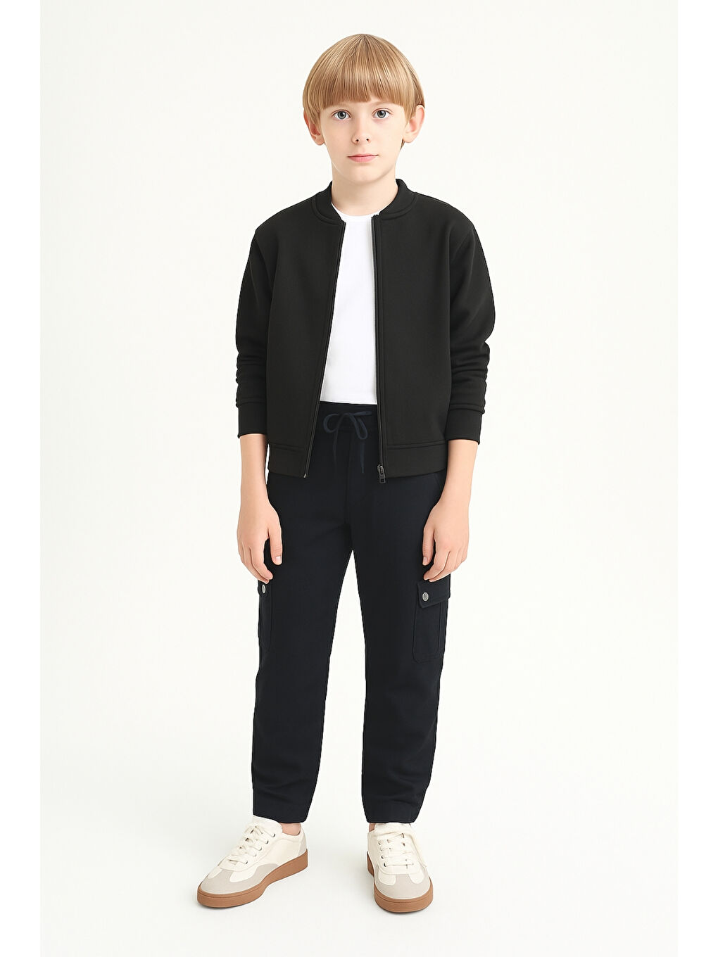 Siyah Erkek Çocuk Komando Cepli Beli Lastikli Okul Pantolonu AK1000-1-2