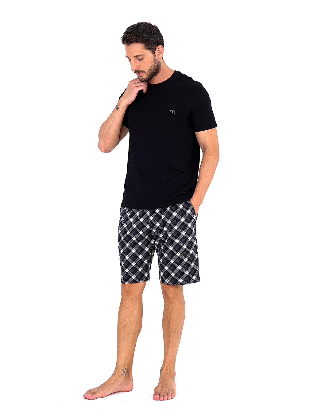 Siyah Ekose Desen Şort Takım SİYAH-1