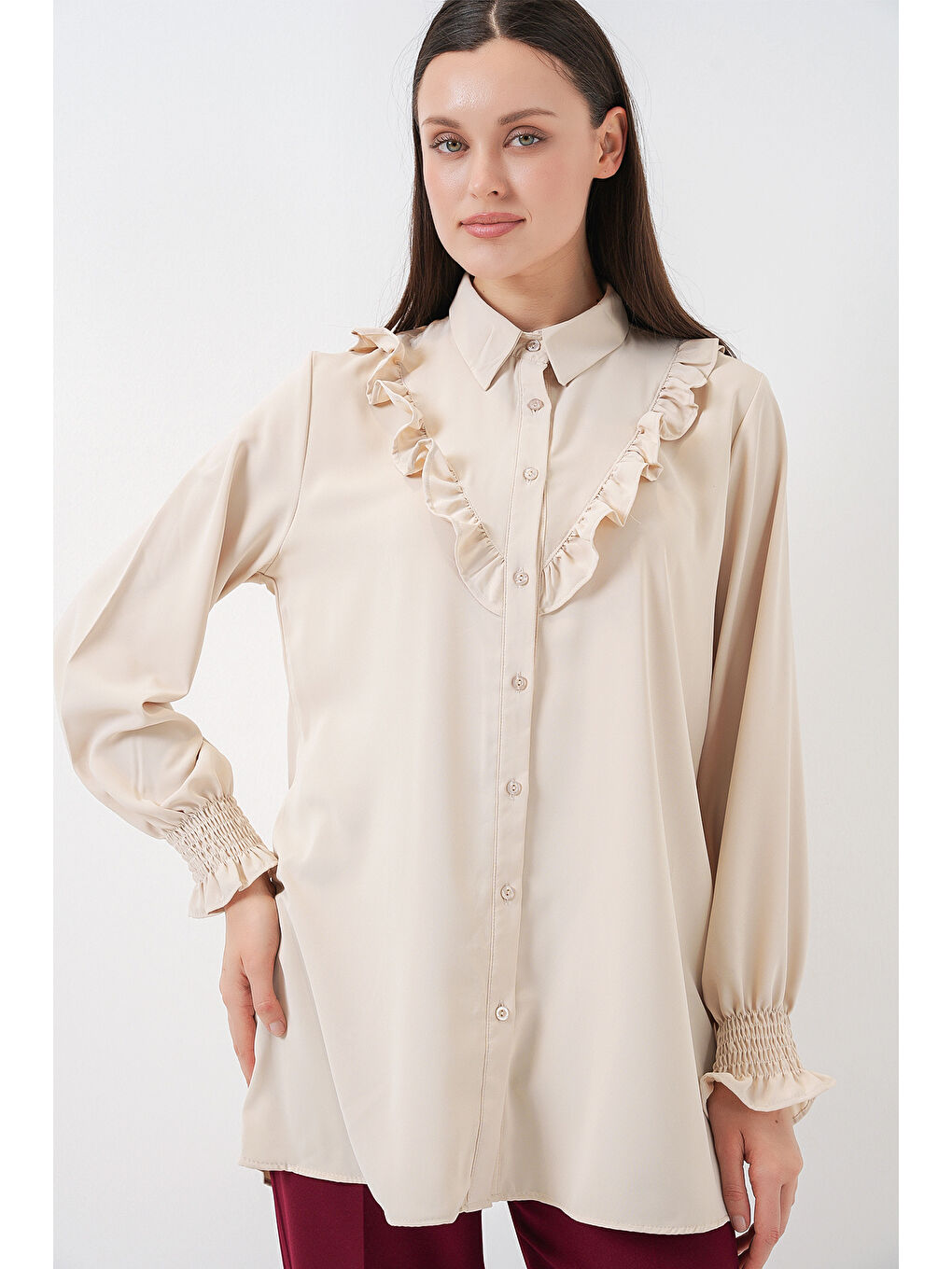 Ekru Kadın Fırfırlı Uzun Gömlek Tunik 5986 - Krem-2