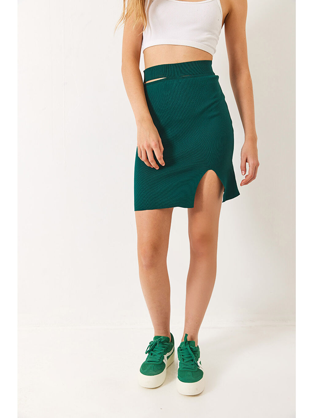 Yeşil Kadın Bel Detaylı Yırtmaçlı Etek-3