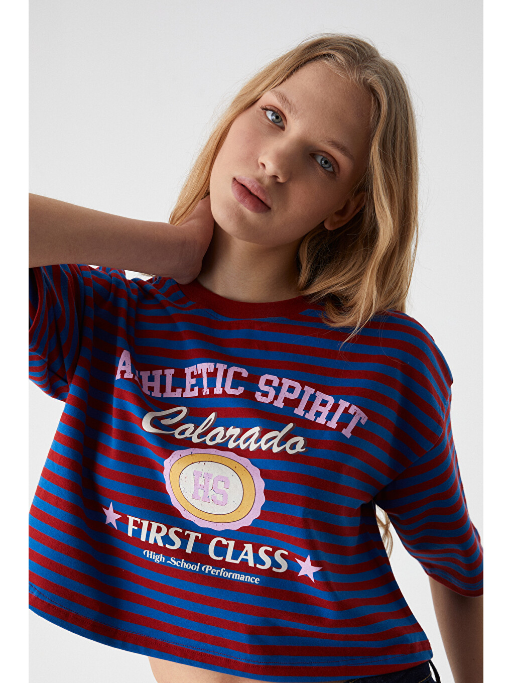 Ahrı Kadın Relaxed Bisiklet Yaka Baskılı Kırmızı-mavi T-shirt-2