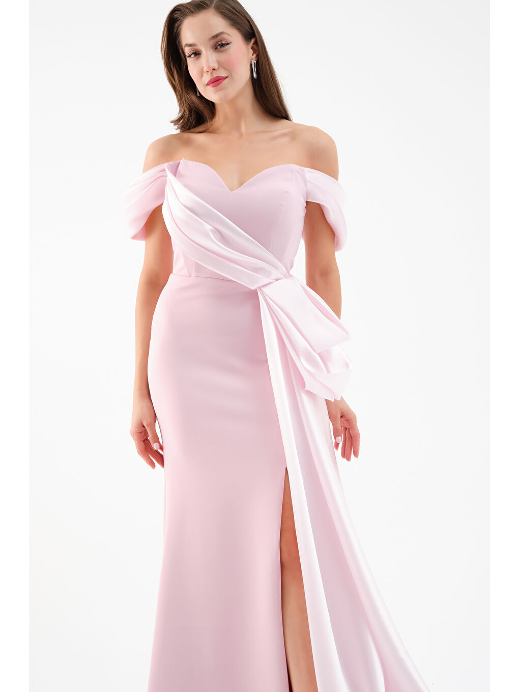 Pembe Kadın Pudra Kayık Yaka Kuyruklu Uzun Abiye Elbise-2