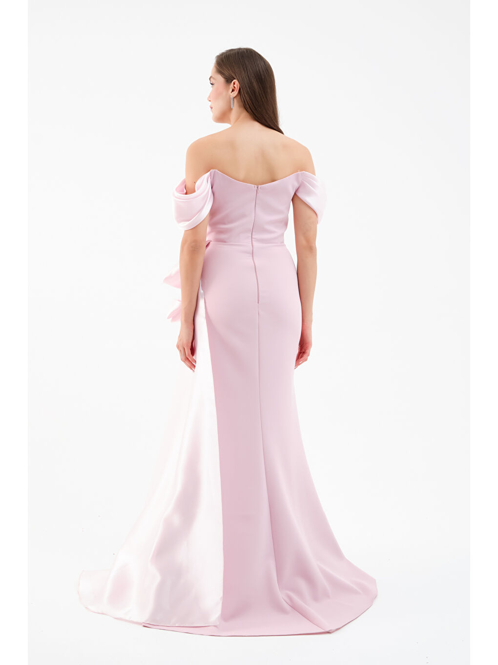 Pembe Kadın Pudra Kayık Yaka Kuyruklu Uzun Abiye Elbise-4