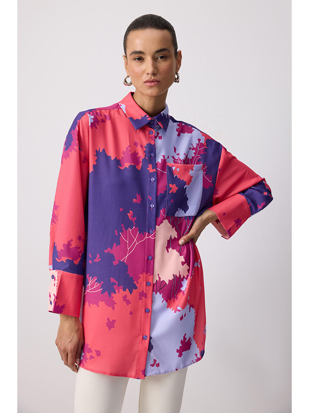 Mor Relax Fıt Desenli Gömlek-1
