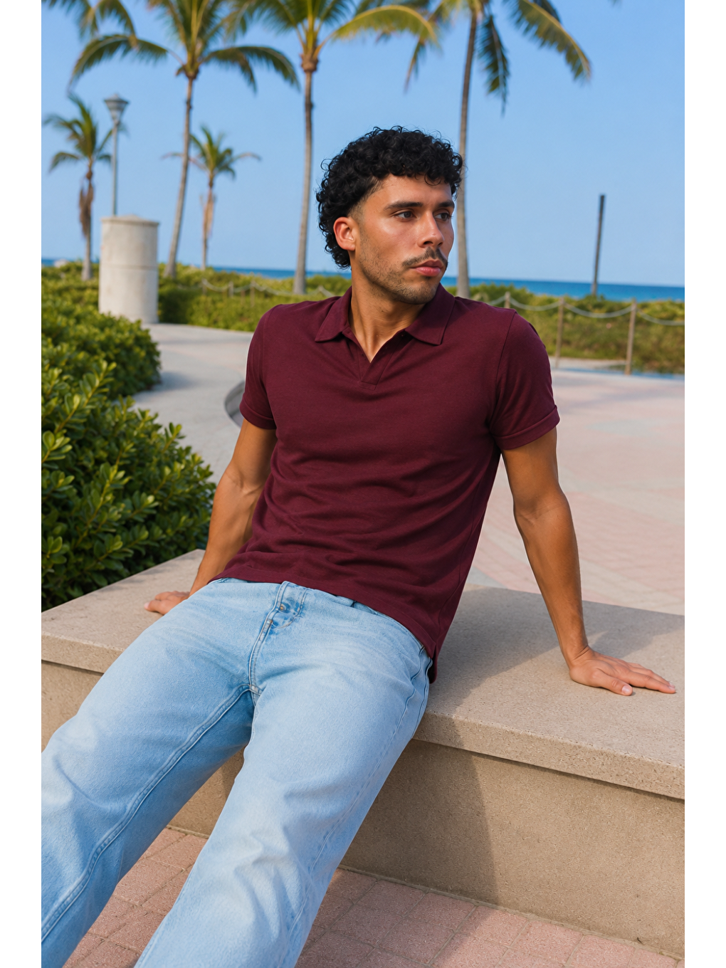Erkek Trend Polo Yaka Günlük Bordo Tişört-1