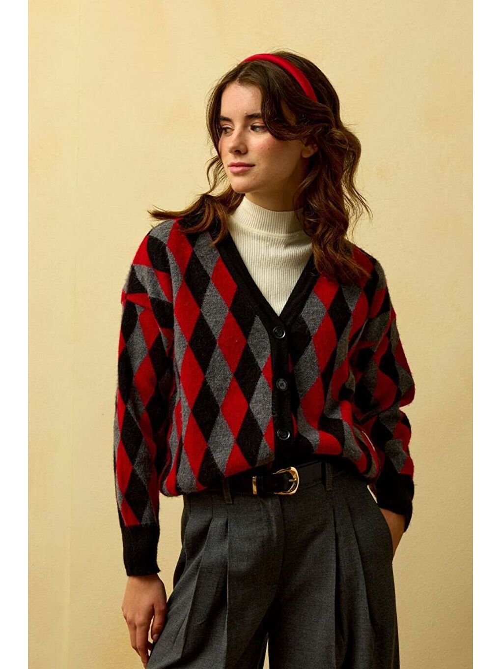 Kırmızı Baklava Desenli Triko Hırka-2