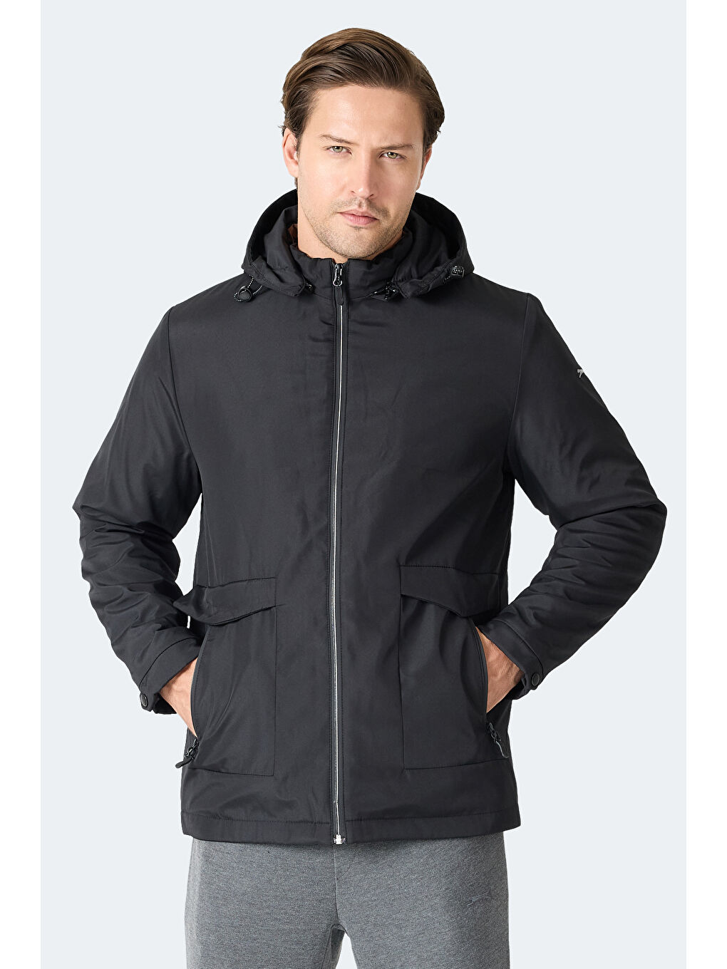 GRAVEL Erkek Kapüşonlu Siyah Mont & Kaban